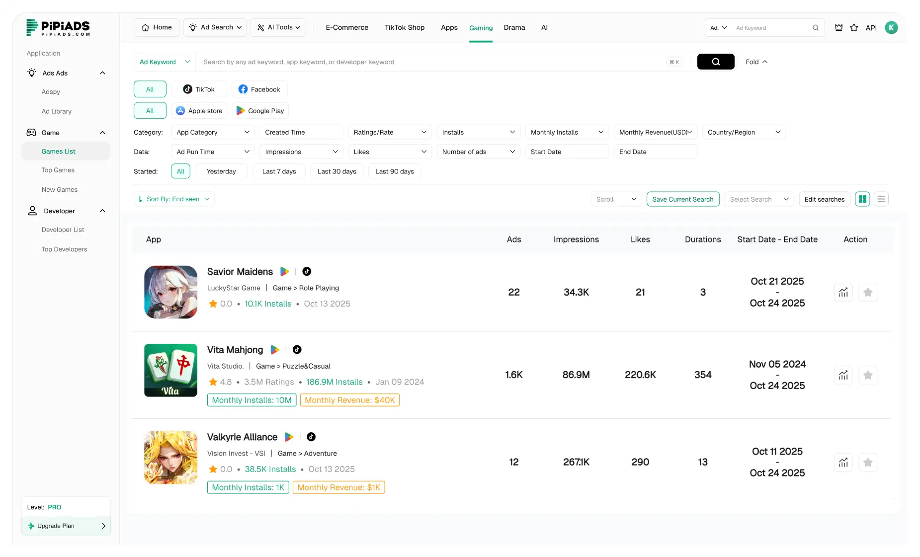 Liste des applications de jeux